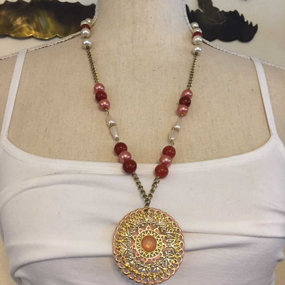 Vintage 70s medallion beaded gold chain necklace